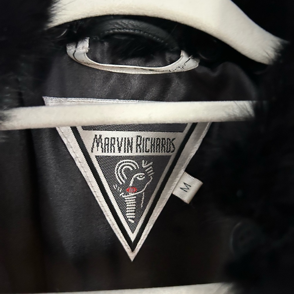 Marvin Richards Black Woven Leather and Fur-Trimmed Coat